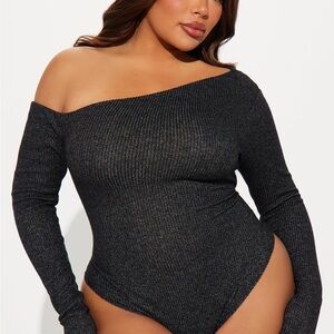 Fashion Nova Off-Shoulder Ribbed Long Sleeve Bodysuit - Black